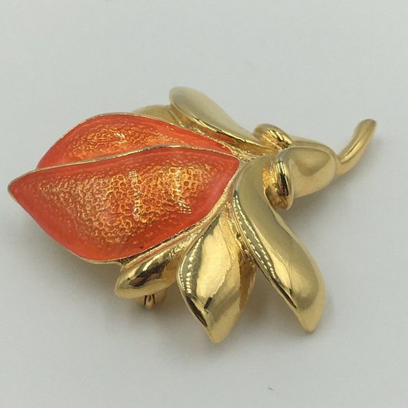 Signed GIOVANNI BROOCH, Gold Tone Leaves ORANGE Enameled FLOWER BUD - Picture 3 of 7